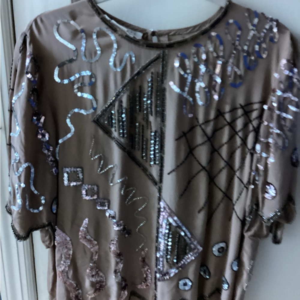 Women’s Tan Beaded Top-Argenti-Size L-Pre-Owned-100 % Silk